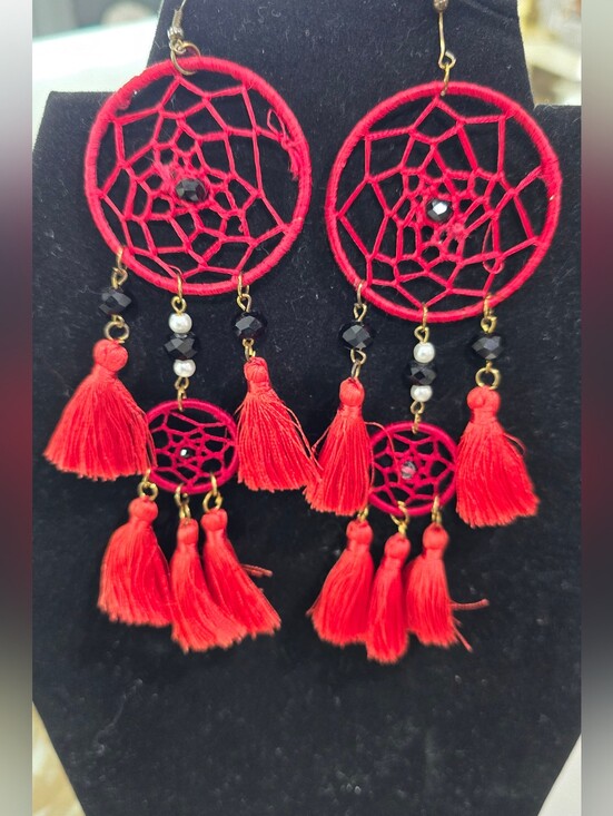Source Unknown Jewelry - Source Unknown Red Dreamcatcher Tassel Earrings with Black Beads